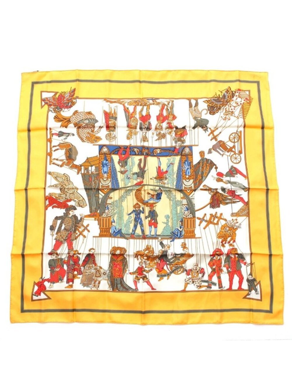 Hermes Carre 90 Marionette Time le Temps Des Marionnettes Silk Scarf Yellow